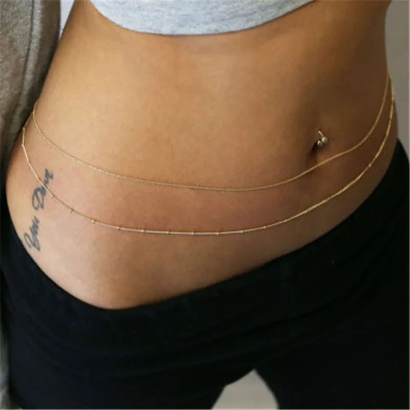 

Fashion Sexy Gold Silver Double Layer Beads Waist Chain For Women Summer Beach Body Chain Ornament Jewelry, Gold,sliver