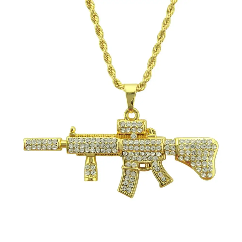 

New Arrival Men's Personalized Hips Hops 18K Gold Plated Pave Crystal AK47 Gun Pendant Necklace