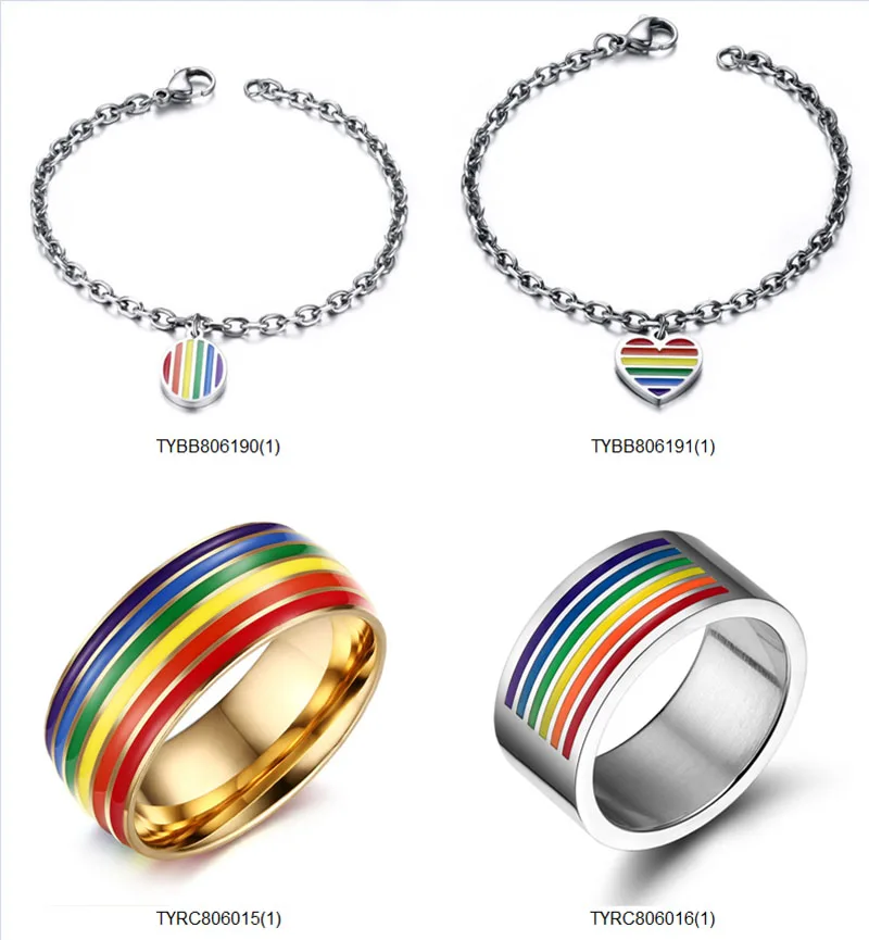 

New arrival love heart gay pride jewelry fashion stainless steel color enamel lgbt ring rainbow bangle bracelet
