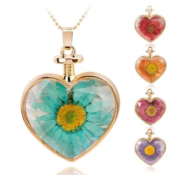 

top quality dry real flower big heart pendant necklace for friend, Colorful