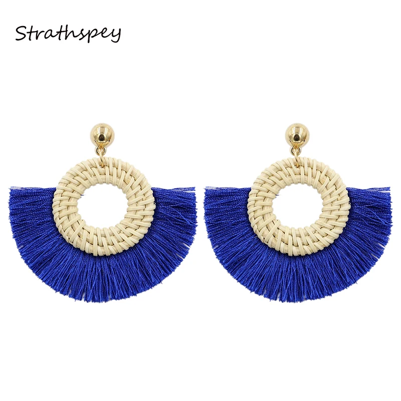 

Fashion Women Round Hollow Straw Crochet Tassel Drop Earrings, Black/red/rose/brown/yellow/blue/pink