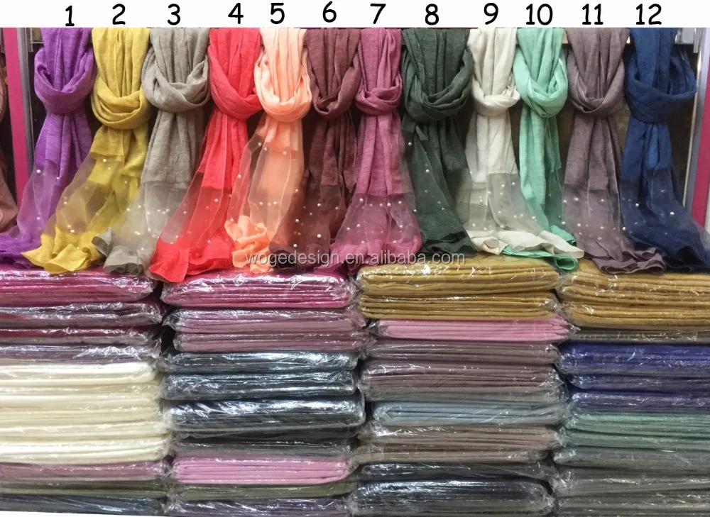
New arrival arabe islam beautiful femme hot stylish prayer shawl scarfs large tie dye color polyester blend cotton pearl hijabs 