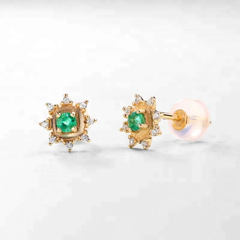 Dainty Fine Jewelry Sunflower Emerald Pure 14k Solid Real Gold Stud