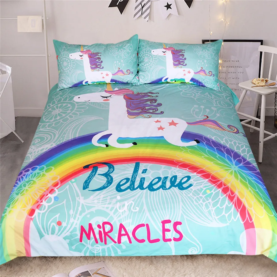 3pcs Rainbow Bedspreads Unicorn Bedding Set Believe Miracles