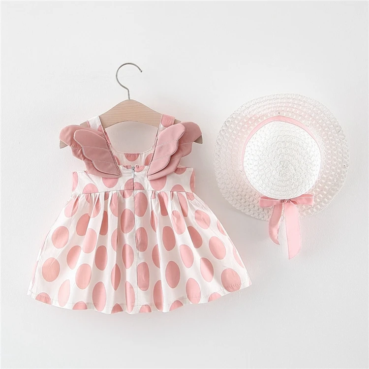 

Sleeveless Cotton Skinny Dot Printed Wing Back Baby Party Dress Girl, Customized colors