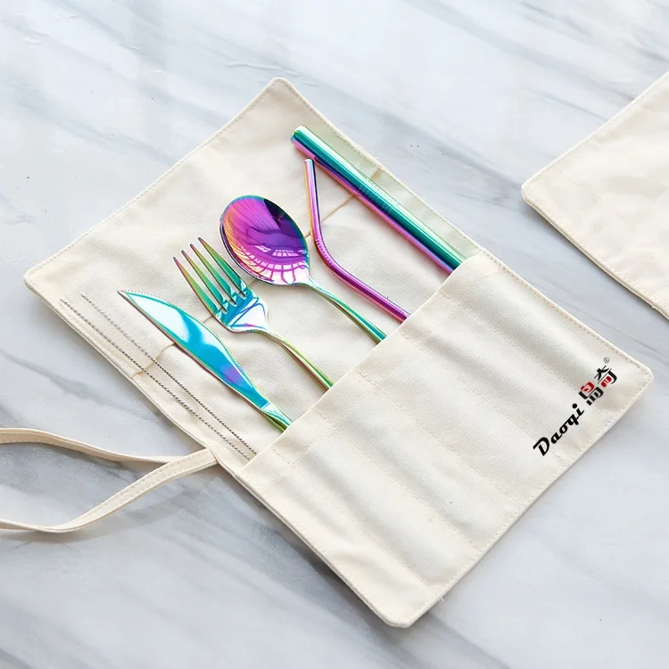 

Good quality exclusive portable travel colored cutlery set outdoor camping rainbow Korea spoon fork knife straw set with canvas, Silver , gold , rose gold , black , rainbow