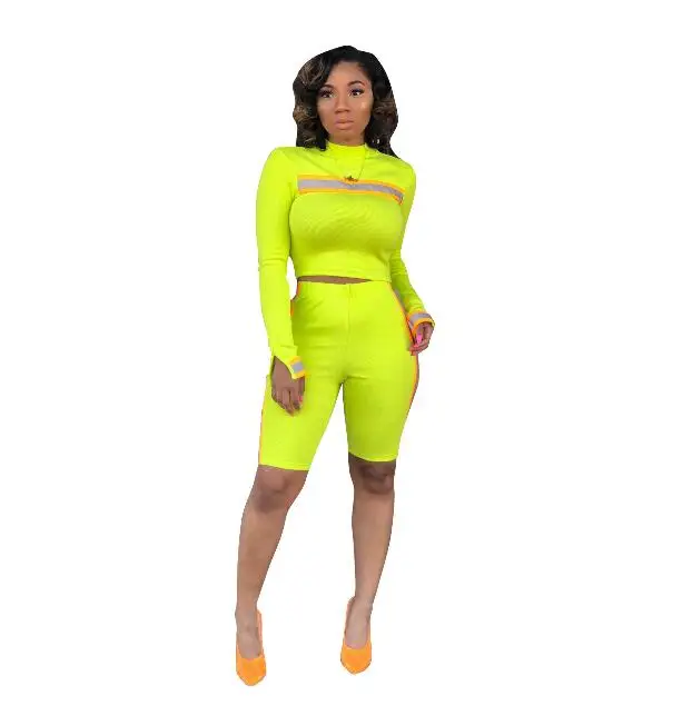 

SP3328A 2019 Fashion reflective shorts sets Women Neon Color 2pieces Set, N/a