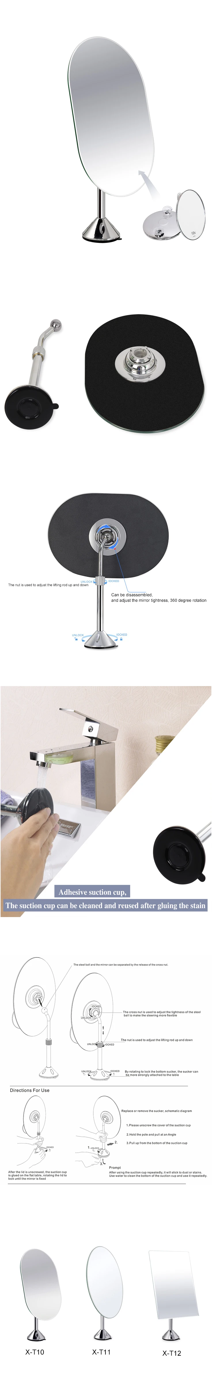 One Way Frameless Oval  Desktop Vanity Mirror with Suction Cup and Removable Small Magnified Mirror