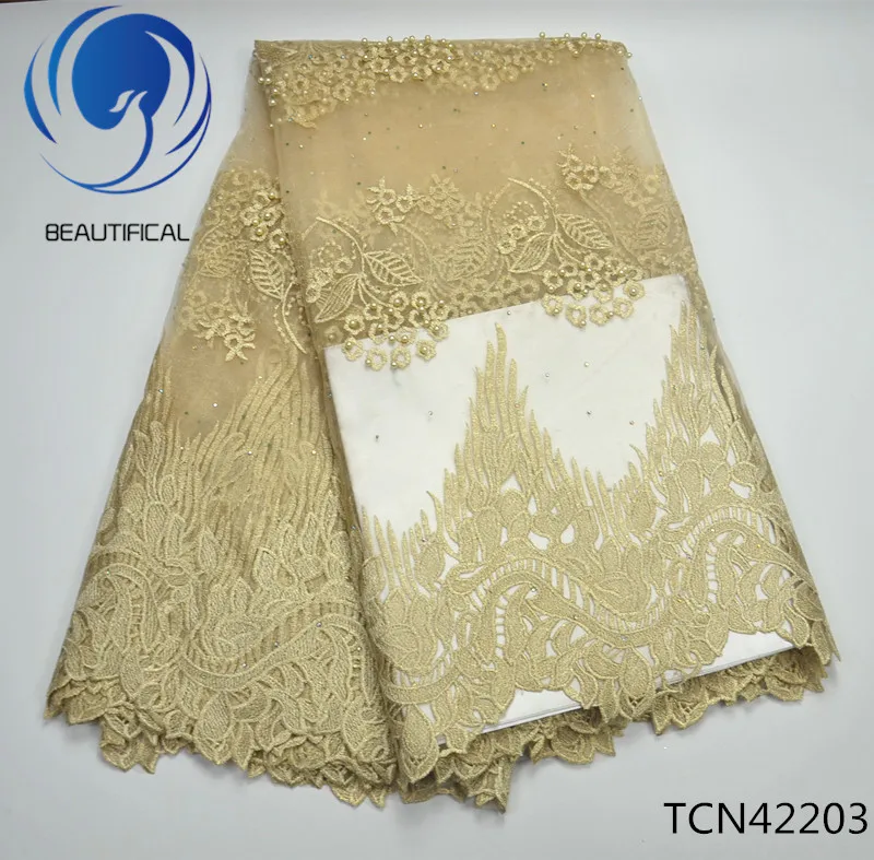 

Beautifical Embroidery flower net lace fabric Latest nigerian lace beads fabric wedding lace fabric 5yards TCN422, As picture