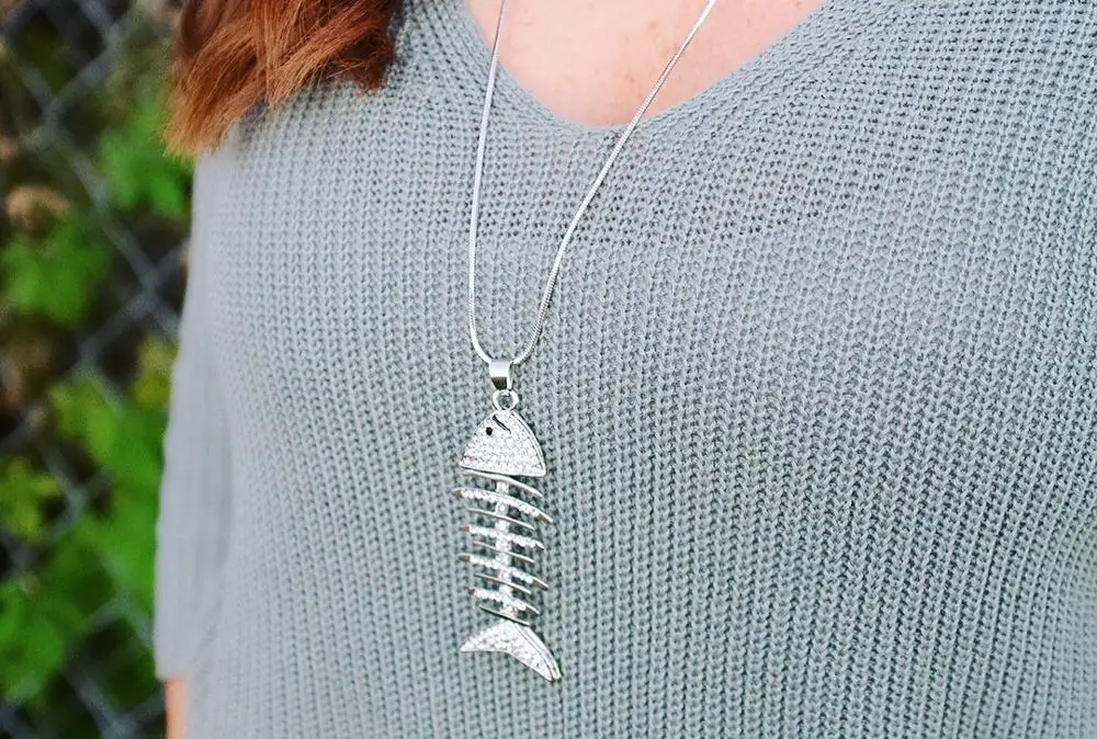 时尚镀银链全鱼骨架项链水晶水钻鱼骨吊坠项链