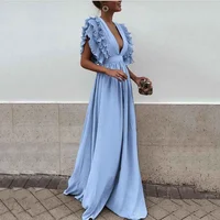 

2019 Hot Sale Summer Women Sexy Deep V neck Ruffle Long Evening Dress