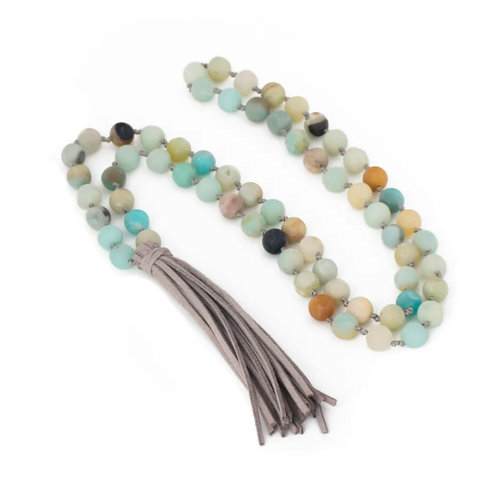 

10mm Natural Amazonite Beads Gemstone Amazon Stone Necklace Korean Velvet Tassels Necklace, As picture