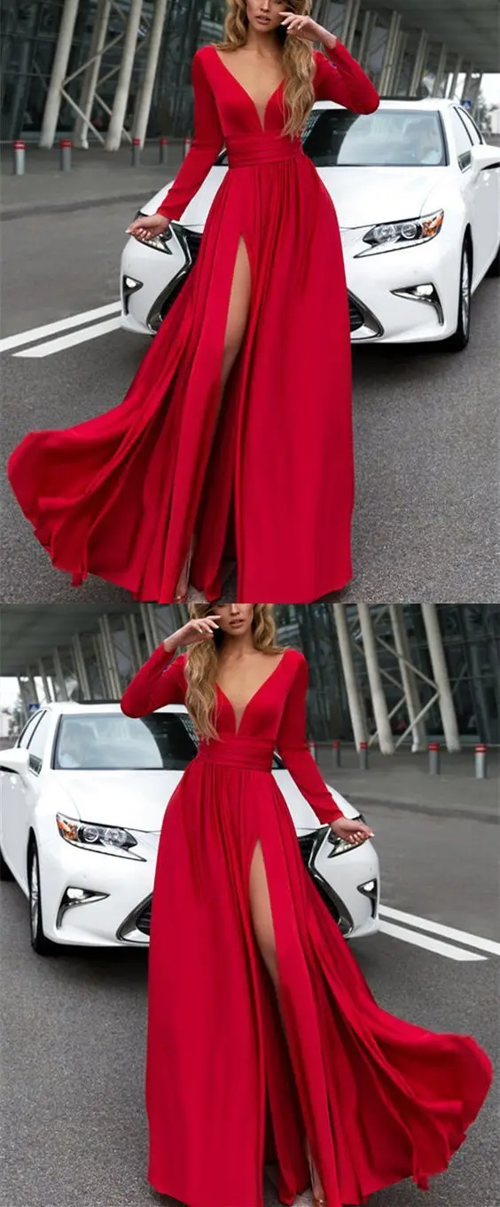 2019 Euramerican foreign trade hot sale new style dresses hot style sexy deep V-neck long sleeve prom dresses ball-gown skirt