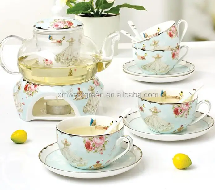 

CTS-005 ceramic bone china tea set with glass teapot, As picture show