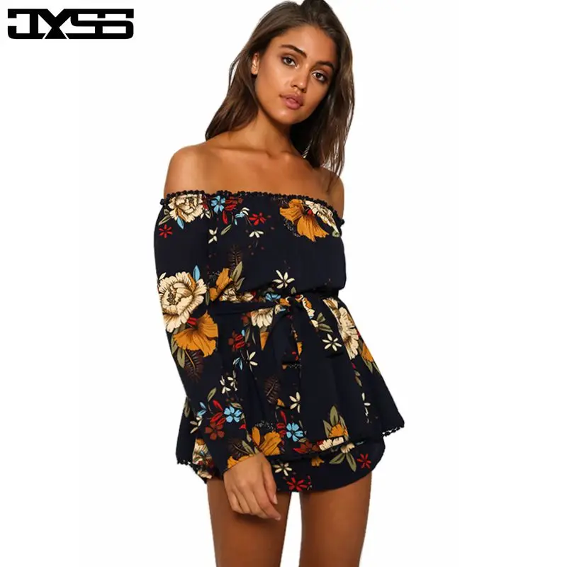 

JYSS Bohemia sexy strapless printing belt fashion jumpsuits shorts women 81067#, White/dark blue