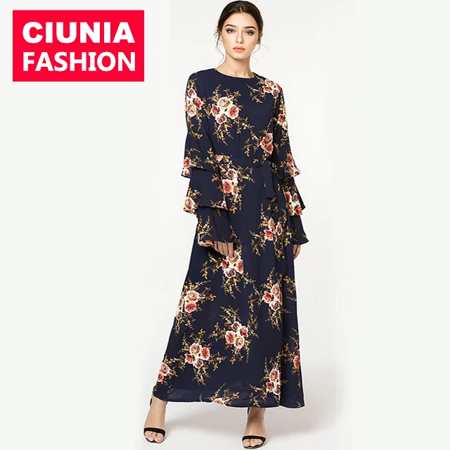 

9071# Malaysia Womens' Elegant Modest Muslim Islamic Full Length Floral O-Neck Ruffle Sleeve Maxi Dubai Arab Dress, Navy/beige/black