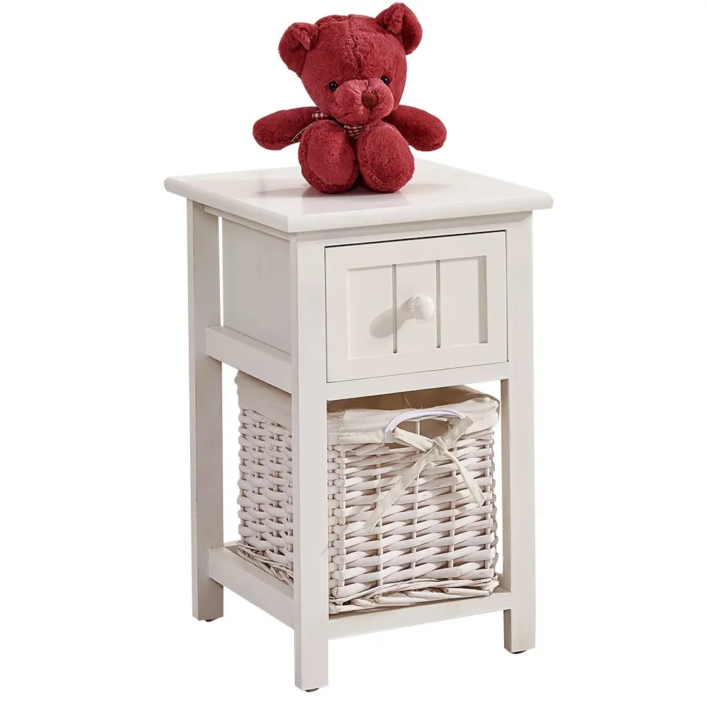 OSPI Drawer Shabby Chic White Color Wooden Bedside Cabinets / Units / Bedside tables with wicker Storage Basket (1 Bedside Cabinet)