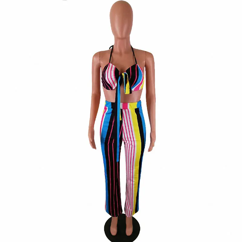 

Printed Striped Halter Bra And Pants Two Piece Set Women Clothing