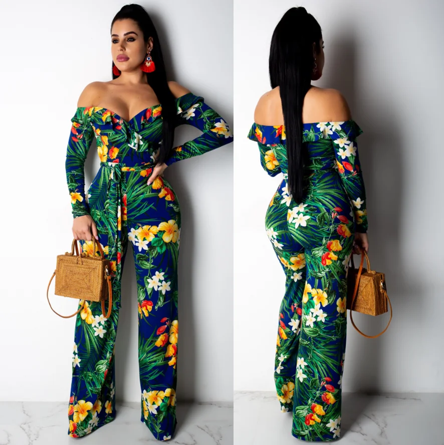 

2019 new off-the-shoulder printed jumpsuit with wide legs, N/a