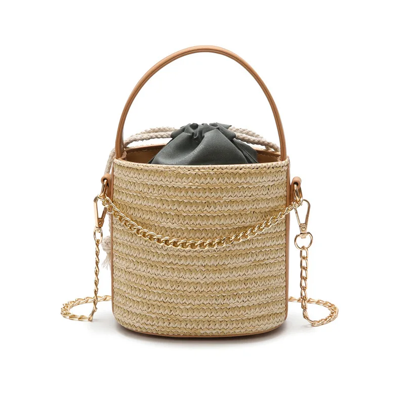 

2019 Hot Sale Woven Straw Rattan Beach Bag Bucket Shoulder Bags, Black,khaki,golden,cinereus