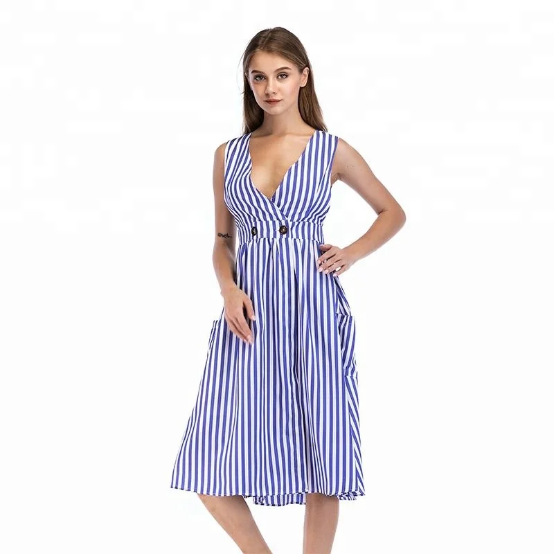
Deep V neck Sleeveless Cardigan Striped Dress 