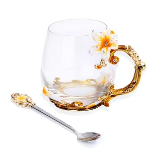 Image of Novelty Bottom Stackable Coffee Mug Gold Color Enamel Handle Coffee Mug Set With Spoon