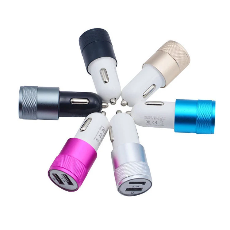 

Promotional gifts customized logo phone car charger,5V 2.1A car battery charger for mobile phone portable dual usb car charger, White body, colorful ring( gold, silver, red, purple,etc)