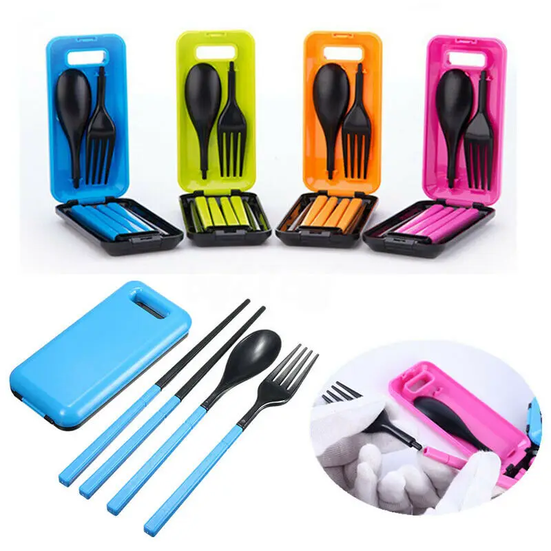 

Eco friendly organic stainless steel travel portable cutlery set with case Portable Separable Spoon Fork Chopsticks Plastic, Pink, blue, green, beige