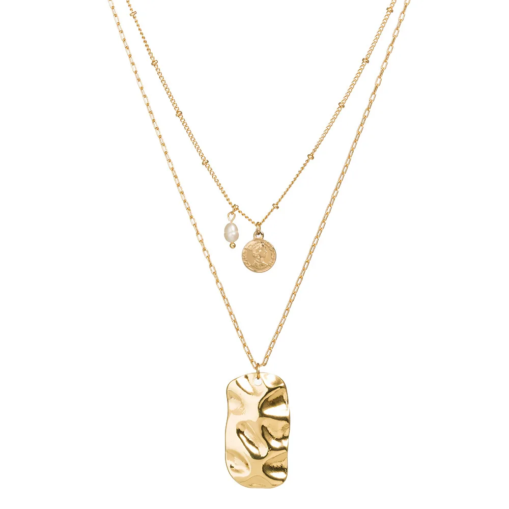 

custom gold irregular rectangle coin pendant necklace small cute disc coin pearl fresh water pearl charm layered necklace women, Picture