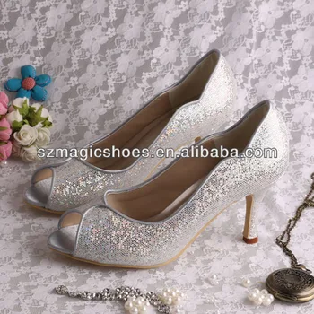 silver glitter mid heel shoes