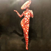 

Plus Size Leotard White Dot Printed Red Jumpsuit Stretch Gloves Stage Dance Cosplay Bodysuit Female Singer Women'S Party Wear