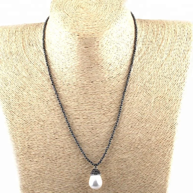 

Fashion Women Mini Hematite Stone Beads collar de perlas Freshwater Pearl Crystal paved Charm Pendant Necklace