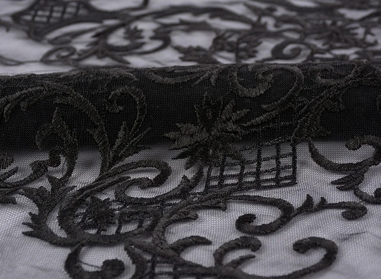 Made in china fashionable polyester black embroidered lace tulle fabric