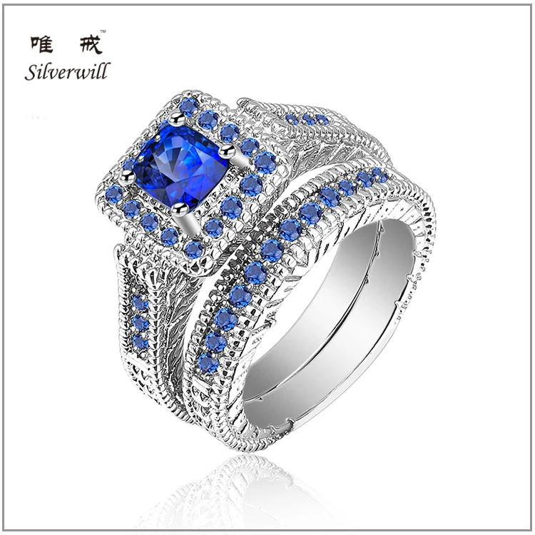 

Handmade jewelry silver 925 engagement ring princess cut blue and white cz pave rings, N/a