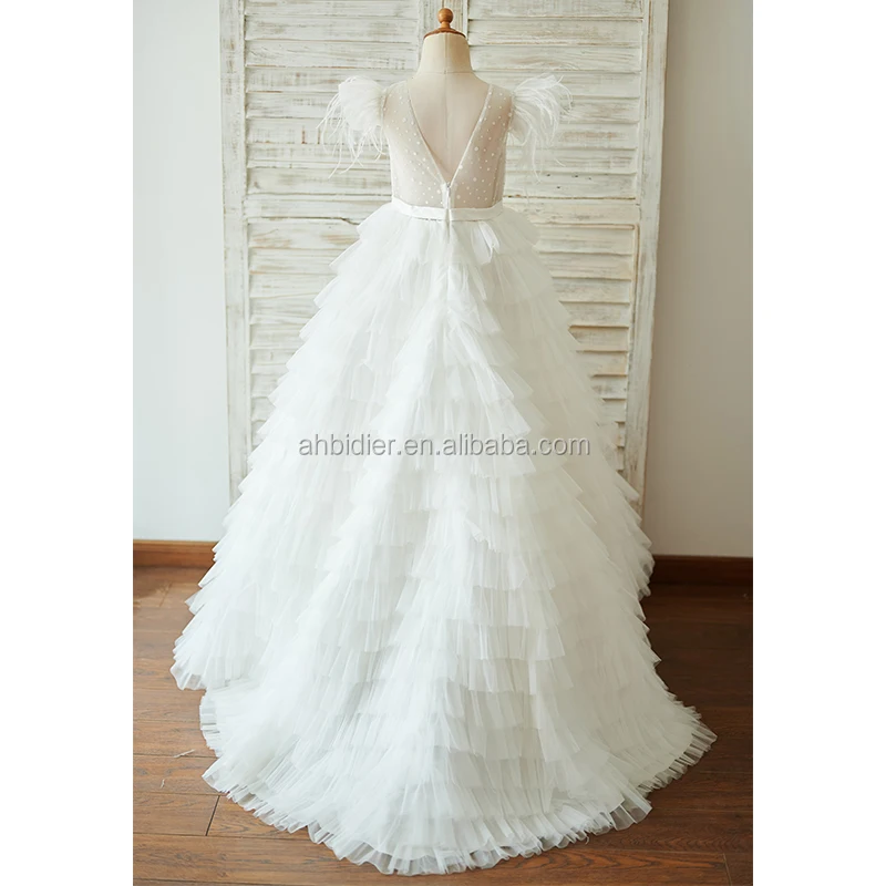 

Ivory Tulle Cap Sleeves V Back Cupcake Wedding Flower Girl Dress with Train