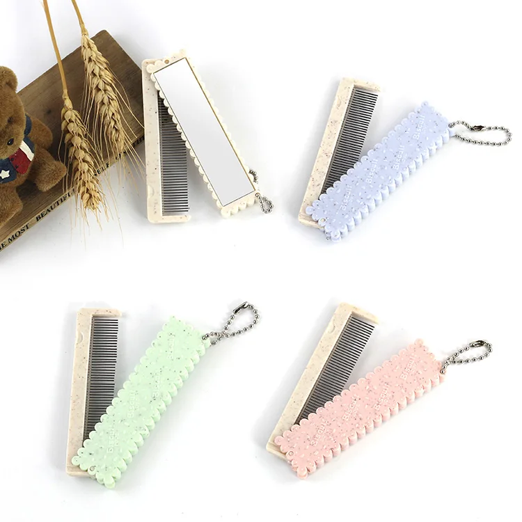 

Simple design portable folding stainless steel comb with mirror, Pink blue beige green