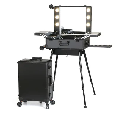 

High Quality Makeup Travel Rolling Carry Case Cosmetic Beauty Trolley Suitcase With Lights, Black, or customized