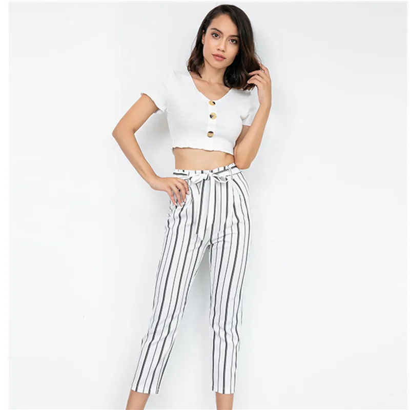 

China Manufacture Joker Belt Trousers Women Vertical Striped Pants