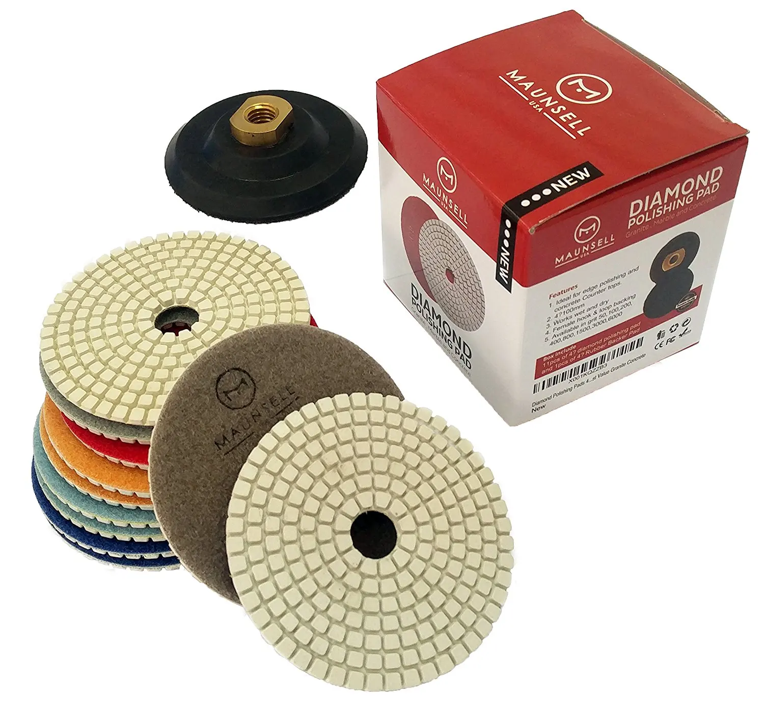 Diamond Polishing Pads 4" inch Wet/Dry Set of 11 + 1 Rubber Backer Pad | For Granite & Concrete | Pack of 11 Polishing Pad ( Grit 50 - 6000# ) & 1 Rubber Backing Pad Arbor with Velcro 5/8" 11
