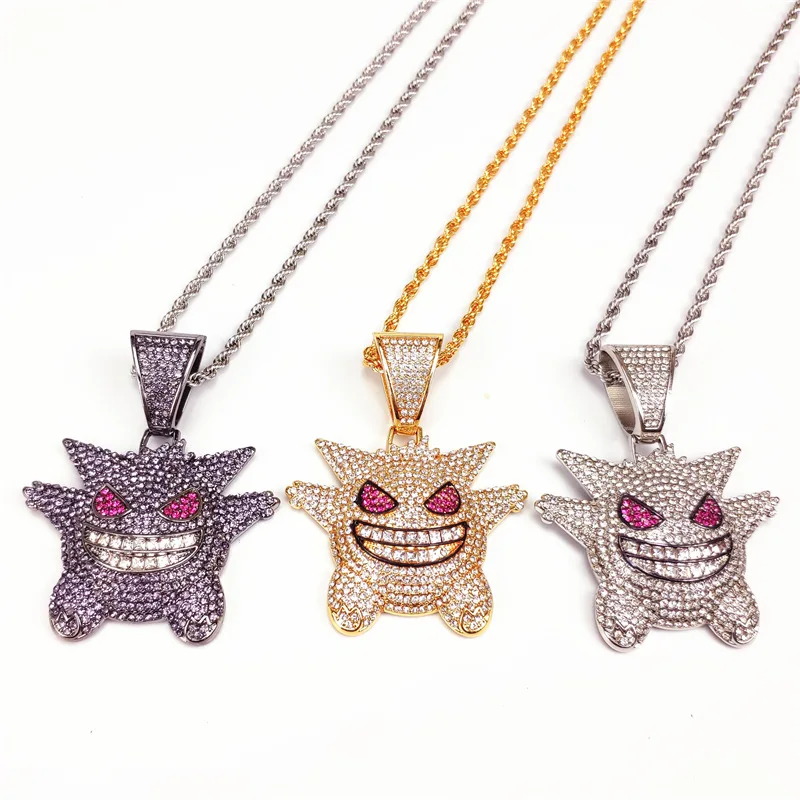

3 Colors Available Real Gold Plated Pokemon Pendant Necklace Hips Hops Iced Out Mask Gengar Pendant Necklace, As picture show