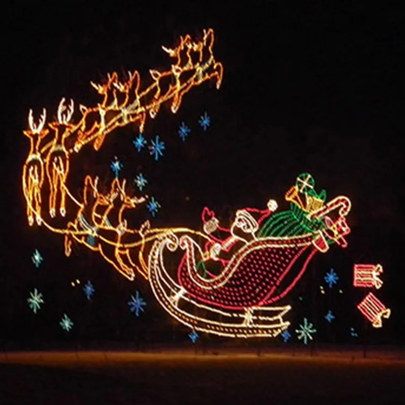 Outdoor 2d Led Rope Light Sculpture Waving Santa And Flying Reindeer