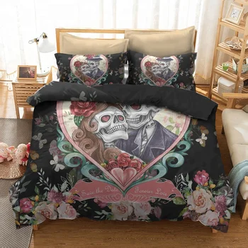 Black And White Flowers Skull Couple Bedding Sets 3d Printed Quilt