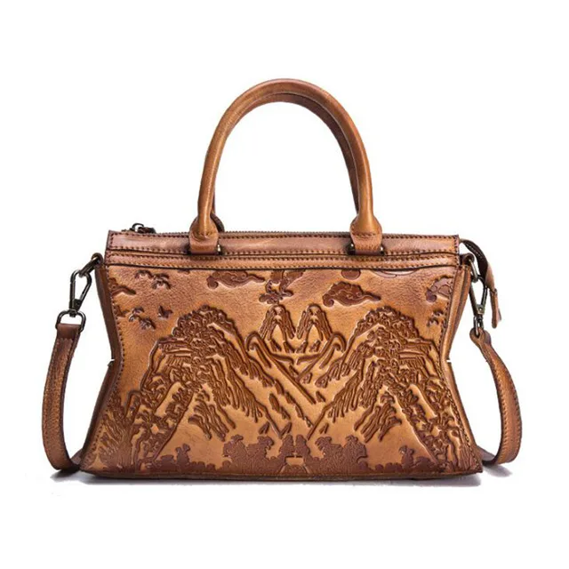 

Landscape Painting Embossed Natural Skin Real Leather Ladies Top Handle Tote Bags Women Shoulder Handbags