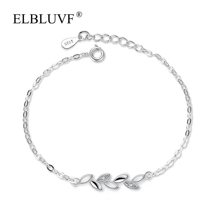 

ELBLUVF Free Shipping Alloy Copper Zircon 925 Sterling Silver Plated Women Jewelry Leaf Bracelet, White gold