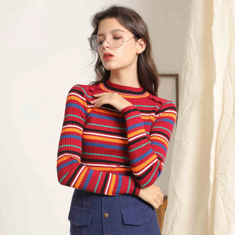 

2019 Spring new Japanese half-high collar color striped long-sleeved slim sweater slim women's sweater for teen, Red pink black