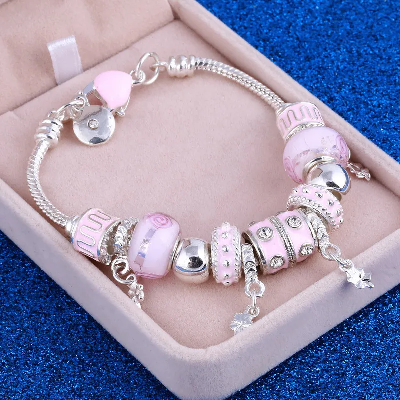 Pink Crystal Charm Silver Bracelets & Bangles for Women With Aliexpress Murano Beads Silver Bracelet Femme Jewelry