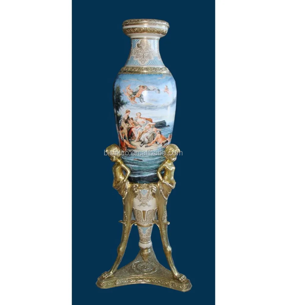 
Luxury Baroque Porcelain Large Vase/Porcelian Light Blue Vase/Home Decor Antique Vase With Gilt Bronze Base and Handle 