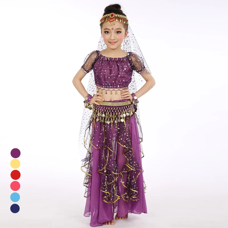 

Wholesale Indian Girls Belly Dance Costume Set Tops & Skirt & Waist Chain & Headpieces & Bracelets Dancing Seit 5 Pcs ZH2003, Red;yellow;purple;lake blue;royal blue;rose