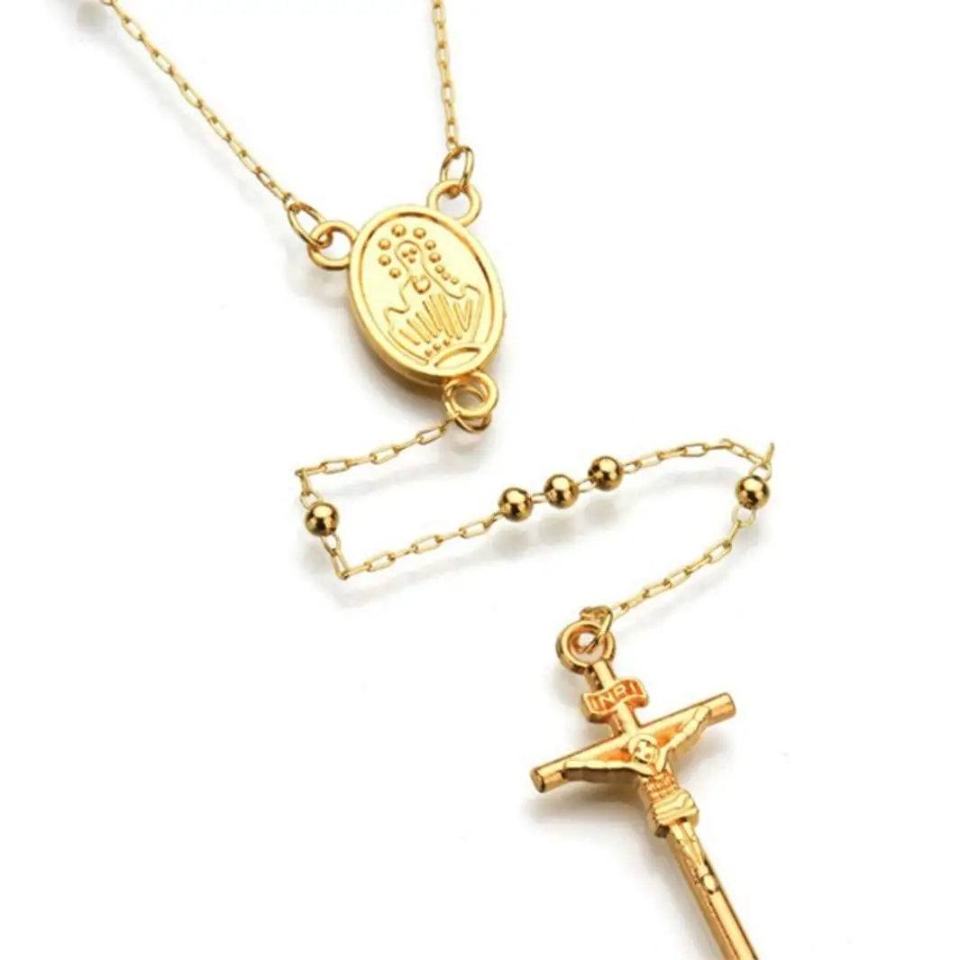 YouCY Fashion Cross Pendant Rosary Necklace Jesus Christ Crucifix Hip Hop Necklace Charm Women Necklace,Small Bead gold