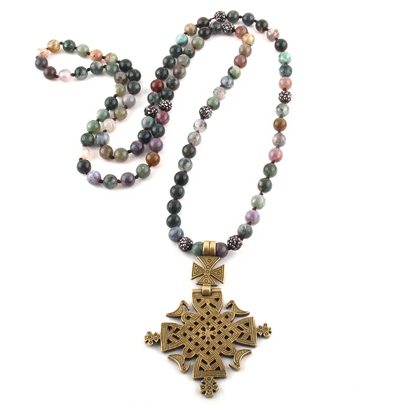 

Fashion Bohemian Tribal Jewelry Natural Stones Long Knotted Metal Cross Pendant Women Ethnic Necklace, 7 color